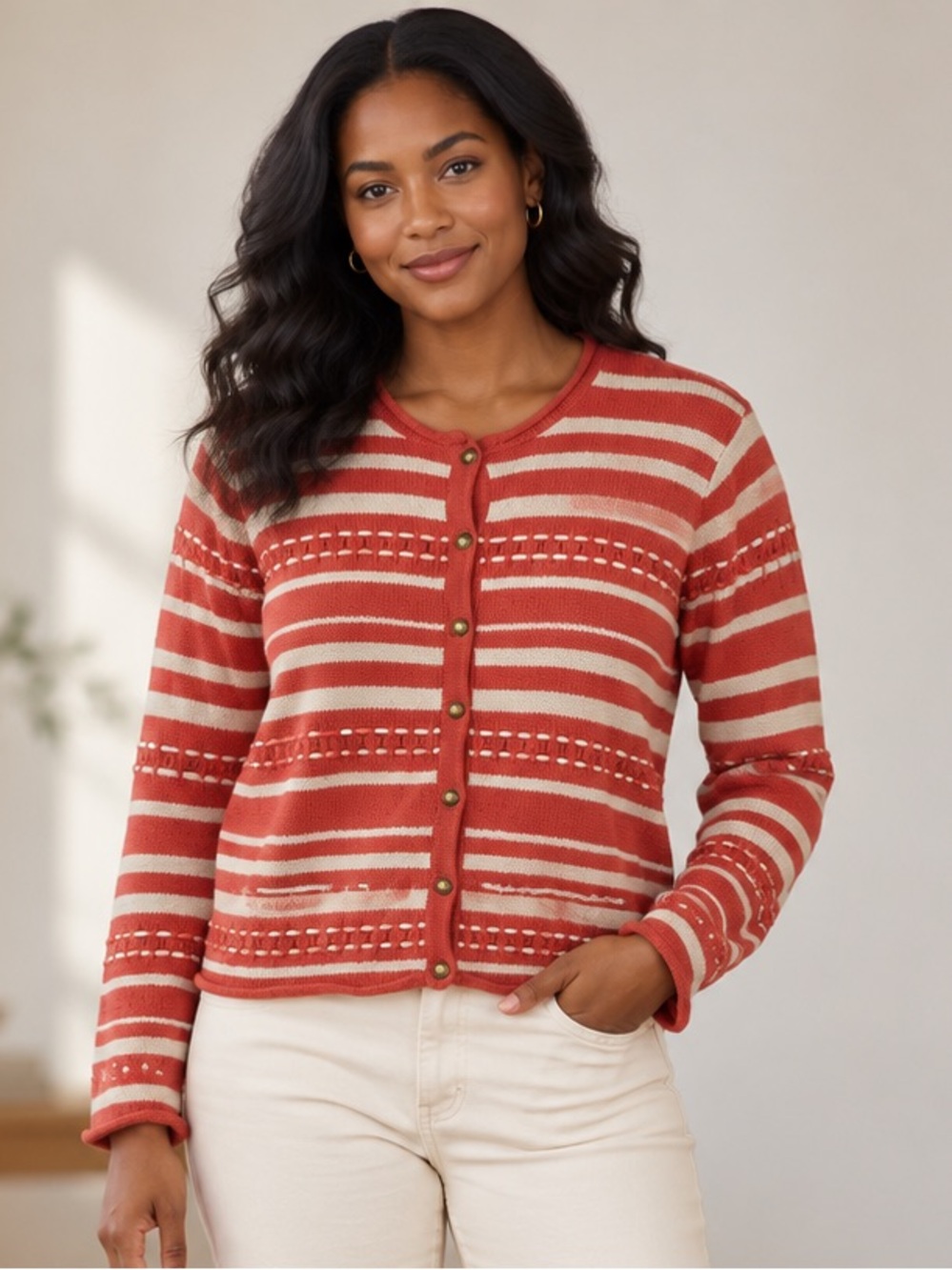 Vintage Christopher & Banks Cardigan Size M Orange Cream Stripe Hand Embroidered